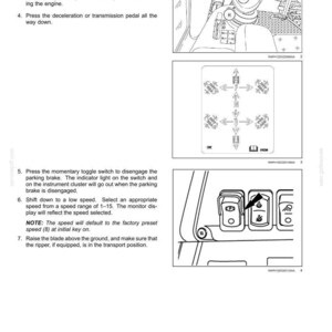 May include: Diagram of operating instructions for machinery. Includes illustrations of controls, switches, and a gear shift. Text instructions detail steps such as placing the direction control in neutral and pressing the deceleration pedal.