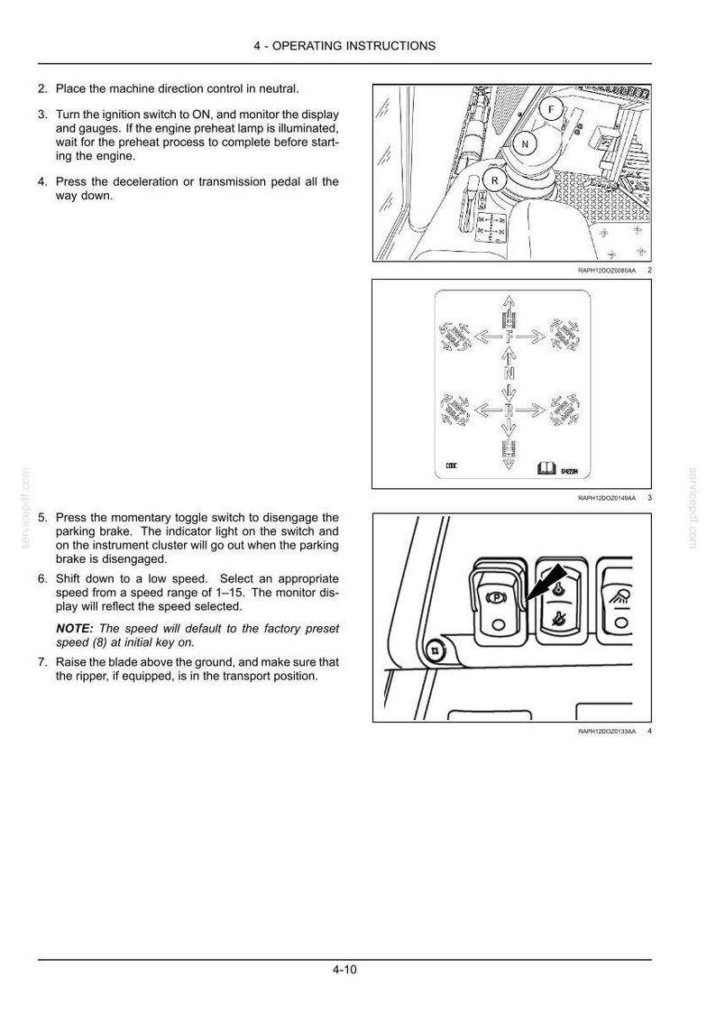 May include: Diagram of operating instructions for machinery. Includes illustrations of controls, switches, and a gear shift. Text instructions detail steps such as placing the direction control in neutral and pressing the deceleration pedal.