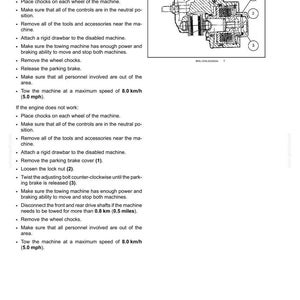 May include: A technical manual page titled 5 - TRANSPORT OPERATIONS, featuring a black and white line drawing of a machine component with numbered parts 1, 2, and 3. The text provides instructions for machine towing, including speed limits of 5.0 mph.