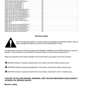 May include: A page from a manual with the title "Introduction" and sections on "Safety rules" and "Personal safety." The safety alert symbol is shown. The text includes safety warnings and machine safety notices.
