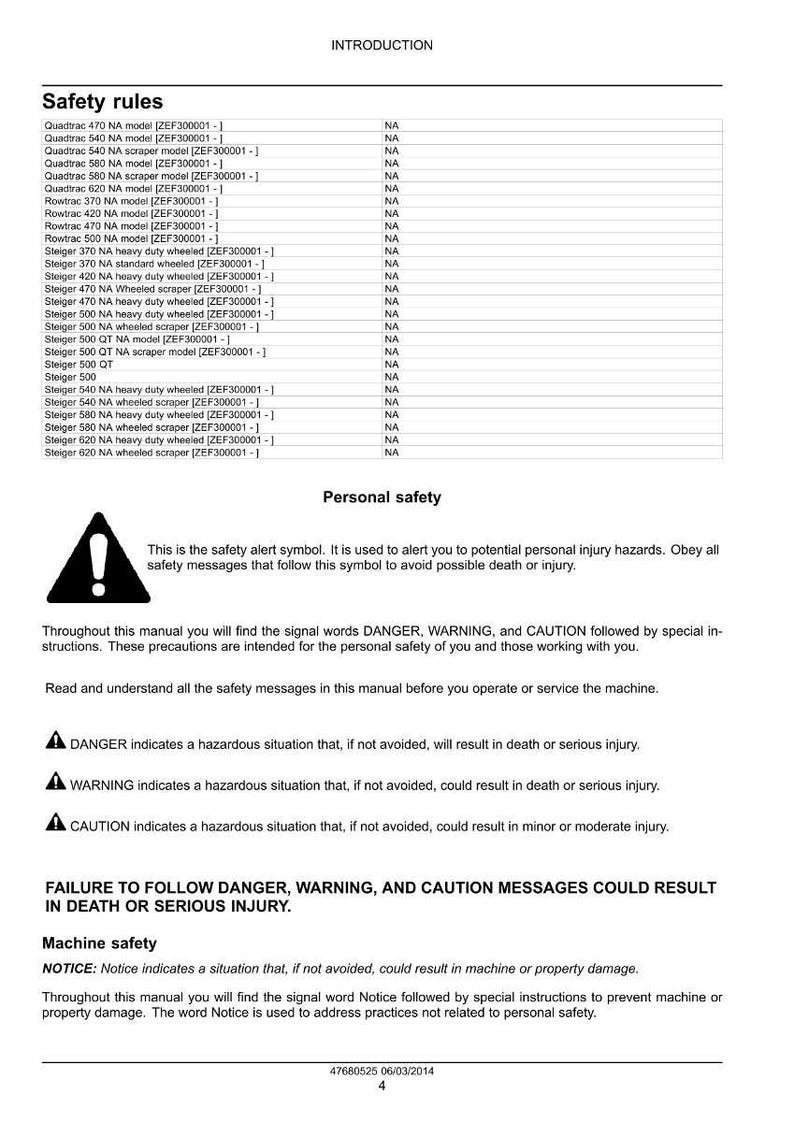 May include: A page from a manual with the title "Introduction" and sections on "Safety rules" and "Personal safety." The safety alert symbol is shown. The text includes safety warnings and machine safety notices.