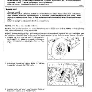 May include: A page from a maintenance manual detailing transmission oil procedures. Includes warnings about burn and chemical hazards, and instructions for draining, filling, and checking the oil level. The image shows diagrams of vehicle components.