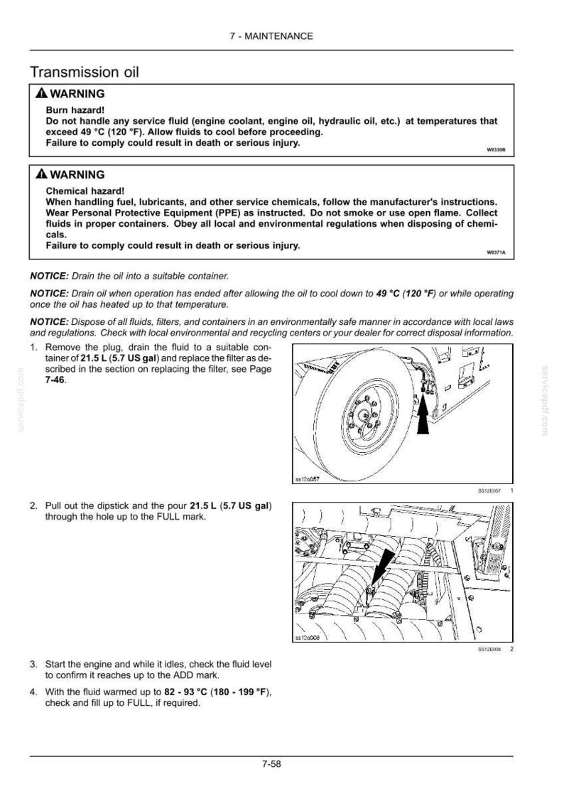 May include: A page from a maintenance manual detailing transmission oil procedures. Includes warnings about burn and chemical hazards, and instructions for draining, filling, and checking the oil level. The image shows diagrams of vehicle components.