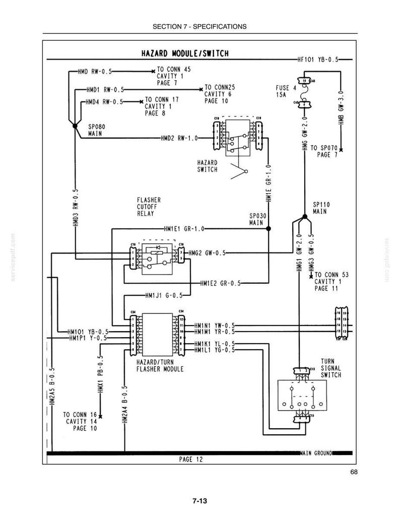 May include: A technical wiring diagram labeled SECTION 7 - SPECIFICATIONS HAZARD MODULE/SWITCH. The black and white schematic illustrates electrical connections for a hazard switch, flasher cutoff relay, and hazard/turn flasher module with labels.