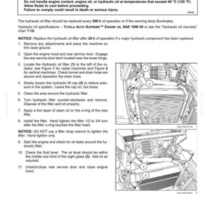 May include: A page from a maintenance manual detailing the replacement of a hydraulic oil filter. The text includes warnings about burn hazards and instructions for the procedure, with numbered steps and diagrams.