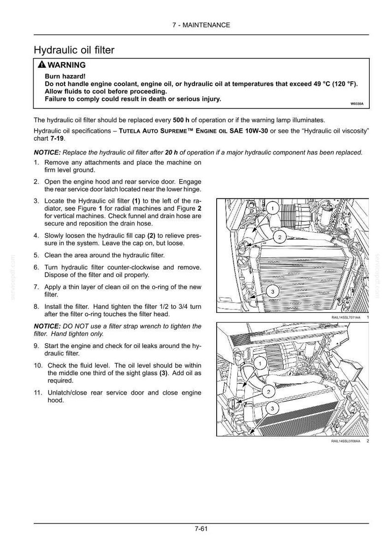 May include: A page from a maintenance manual detailing the replacement of a hydraulic oil filter. The text includes warnings about burn hazards and instructions for the procedure, with numbered steps and diagrams.