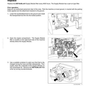 May include: Diagram of a Selective Catalytic Reduction (SCR) Supply Module filter replacement procedure. The text includes instructions for replacing the DEF/AdBlue filter every 4000 hours. The image shows the engine compartment and filter location.