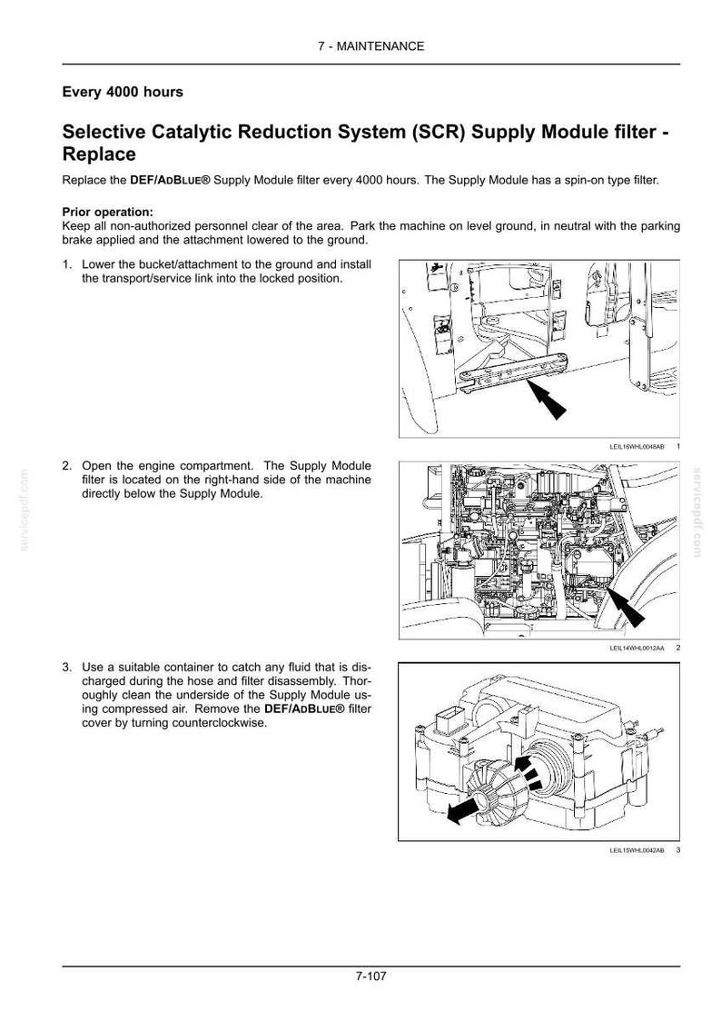 May include: Diagram of a Selective Catalytic Reduction (SCR) Supply Module filter replacement procedure. The text includes instructions for replacing the DEF/AdBlue filter every 4000 hours. The image shows the engine compartment and filter location.