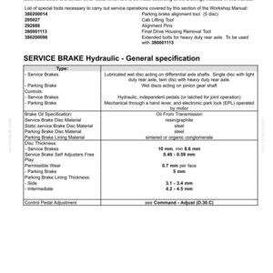 May include: A technical document page titled SERVICE BRAKE Hydraulic - Special tools and General specification. It lists specific tool part numbers, descriptions, and technical data for brake systems, including disc thickness and wear measurements in mm.