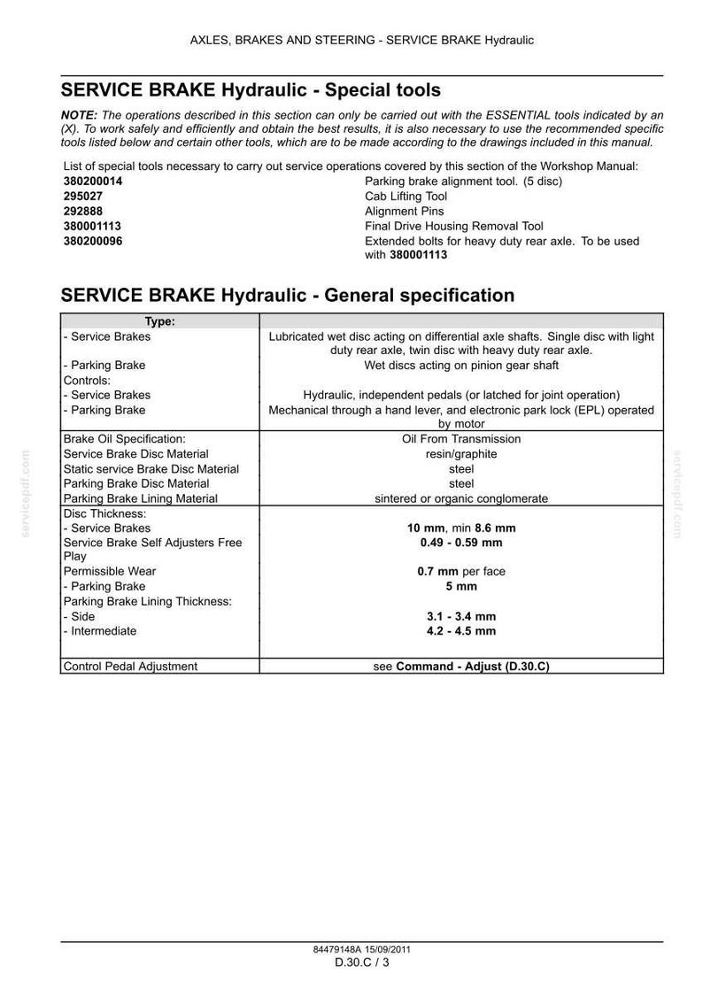May include: A technical document page titled SERVICE BRAKE Hydraulic - Special tools and General specification. It lists specific tool part numbers, descriptions, and technical data for brake systems, including disc thickness and wear measurements in mm.