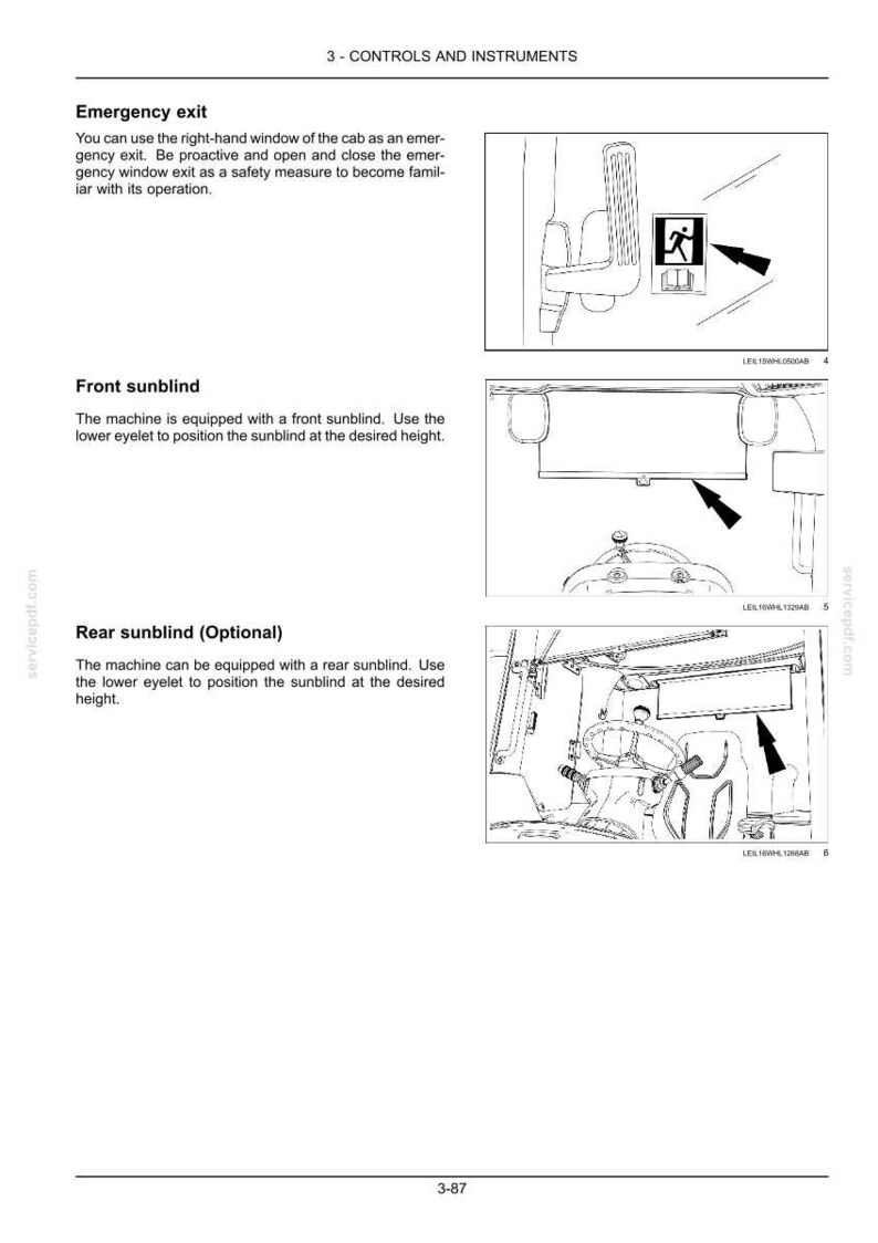 May include: Diagram of a vehicle's interior with labels for controls and instruments. Includes illustrations of an emergency exit, front sunblind, and optional rear sunblind. Text explains the function of each component.