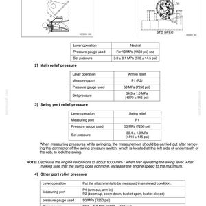 May include: Diagram of a machine component with text detailing pressure measurements. Includes sections on pilot, main, swing, and other port relief pressures, with specifications for pressure gauges and set pressures in MPa and psi.