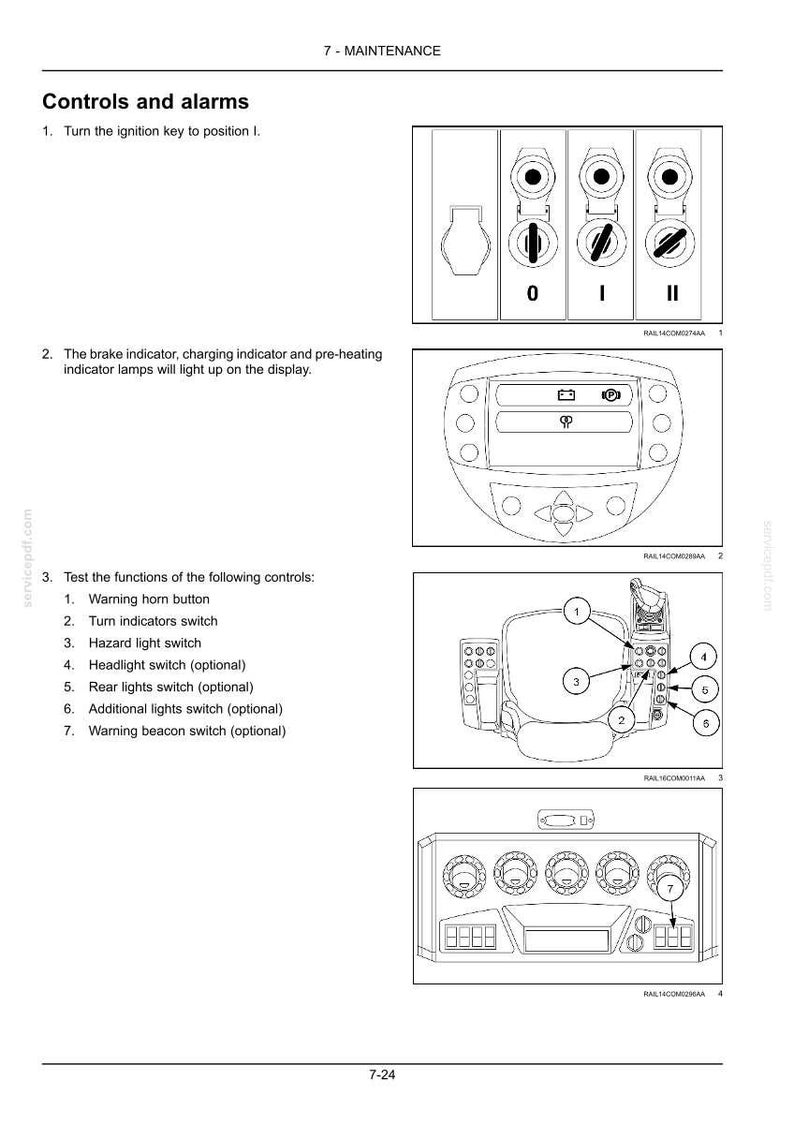 May include: Diagram of vehicle controls and alarms, including ignition key positions, indicator lamps, and various switches. The image shows detailed illustrations of the dashboard and control panels, with numbered labels for easy identification of functions.