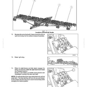 May include: A technical manual page titled FRAME POSITIONING - TRAVELLING Folding, featuring line drawings of agricultural machinery, hydraulic control levers, and numbered diagrams explaining the process of lifting and latching the right-hand wing.