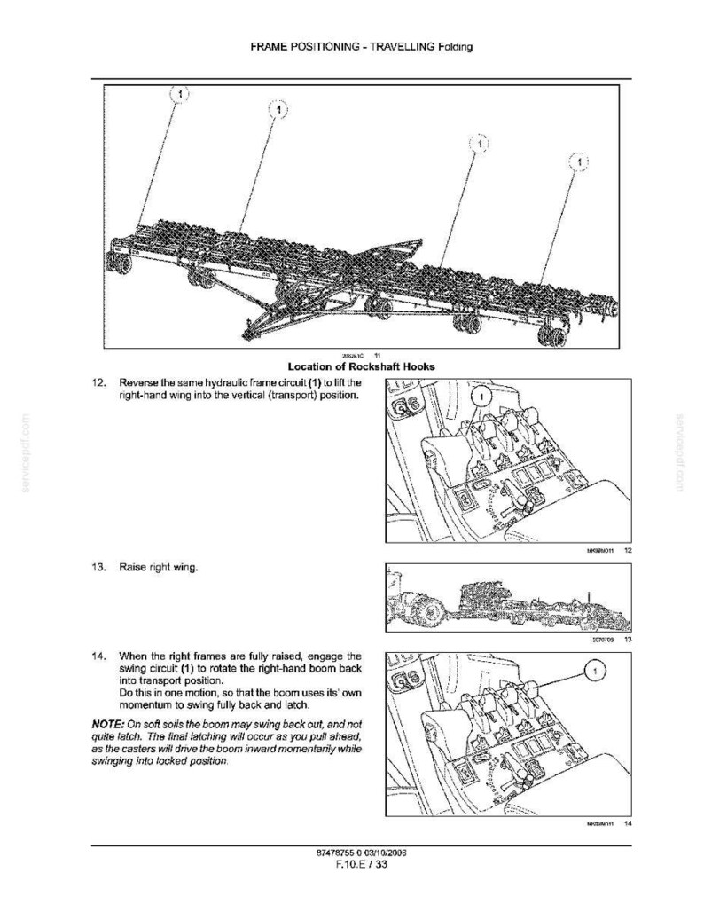 May include: A technical manual page titled FRAME POSITIONING - TRAVELLING Folding, featuring line drawings of agricultural machinery, hydraulic control levers, and numbered diagrams explaining the process of lifting and latching the right-hand wing.