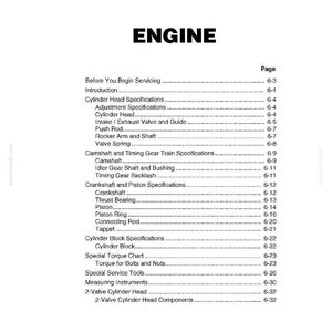 May include: A page from a service manual with the title "ENGINE" in bold letters. The table of contents lists topics like "Cylinder Head Specifications," "Crankshaft," and "Piston." The document is a TNV DI Service Manual.