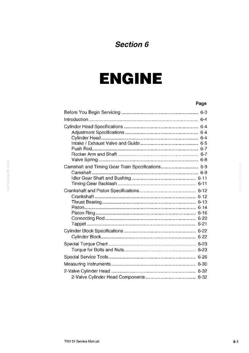 May include: A page from a service manual with the title "ENGINE" in bold letters. The table of contents lists topics like "Cylinder Head Specifications," "Crankshaft," and "Piston." The document is a TNV DI Service Manual.