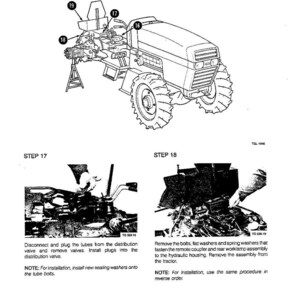 May include: Diagram of a tractor with numbered parts, including the engine, wheels, and various components. The image also includes close-up diagrams of steps 17 and 18, with instructions for maintenance and repair.