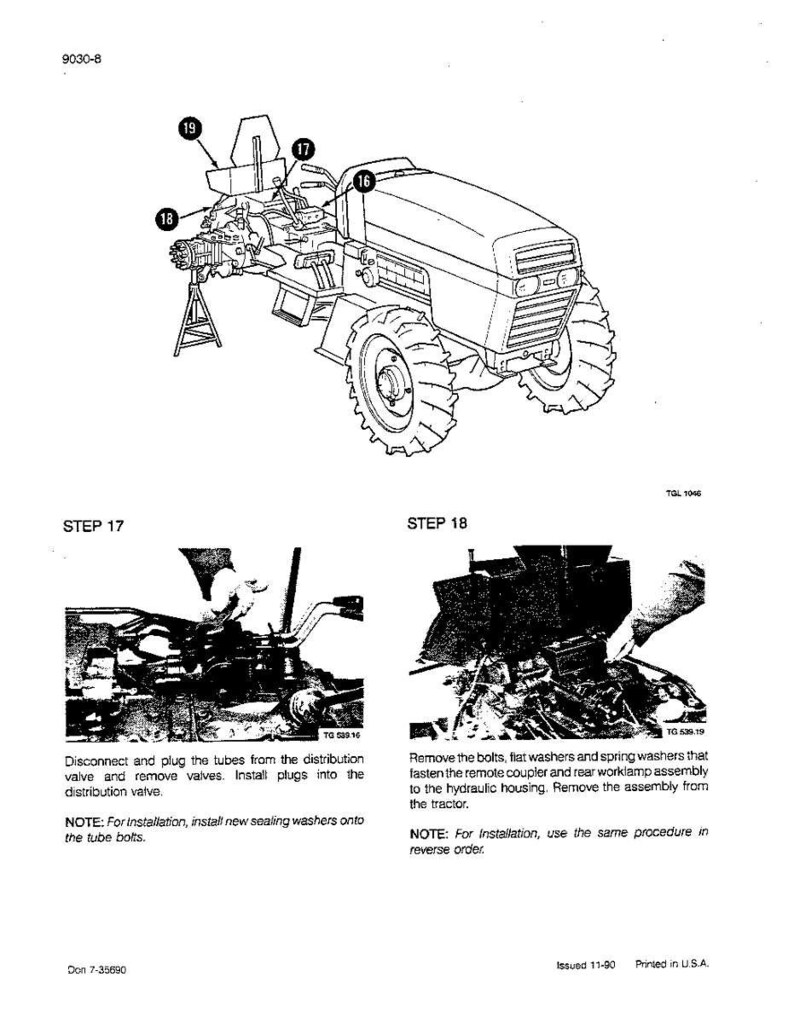 May include: Diagram of a tractor with numbered parts, including the engine, wheels, and various components. The image also includes close-up diagrams of steps 17 and 18, with instructions for maintenance and repair.