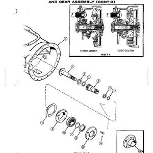May include: An exploded diagram of a tractor's traction clutch shaft and PTO drive sleeve and gear assembly. The image includes detailed illustrations of various components, including the hand clutch and foot clutch, with labels and a parts list.