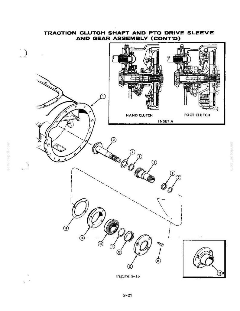 May include: An exploded diagram of a tractor's traction clutch shaft and PTO drive sleeve and gear assembly. The image includes detailed illustrations of various components, including the hand clutch and foot clutch, with labels and a parts list.
