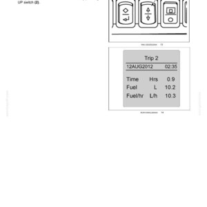 May include: A technical manual page titled 3-CONTROLS AND INSTRUMENTS showing a diagram of a switch labeled 2 and a digital display screen labeled Trip 2 with data for 12AUG2012, 02:35, Time 0.9 Hrs, Fuel 10.2 L, and Fuel/hr 10.3 L/h.