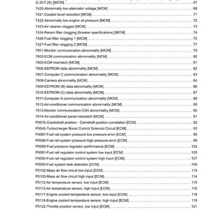 May include: A detailed page from a manual, listing various automotive diagnostic trouble codes and their descriptions. The text includes codes related to engine performance, sensors, and system malfunctions, with corresponding page numbers.