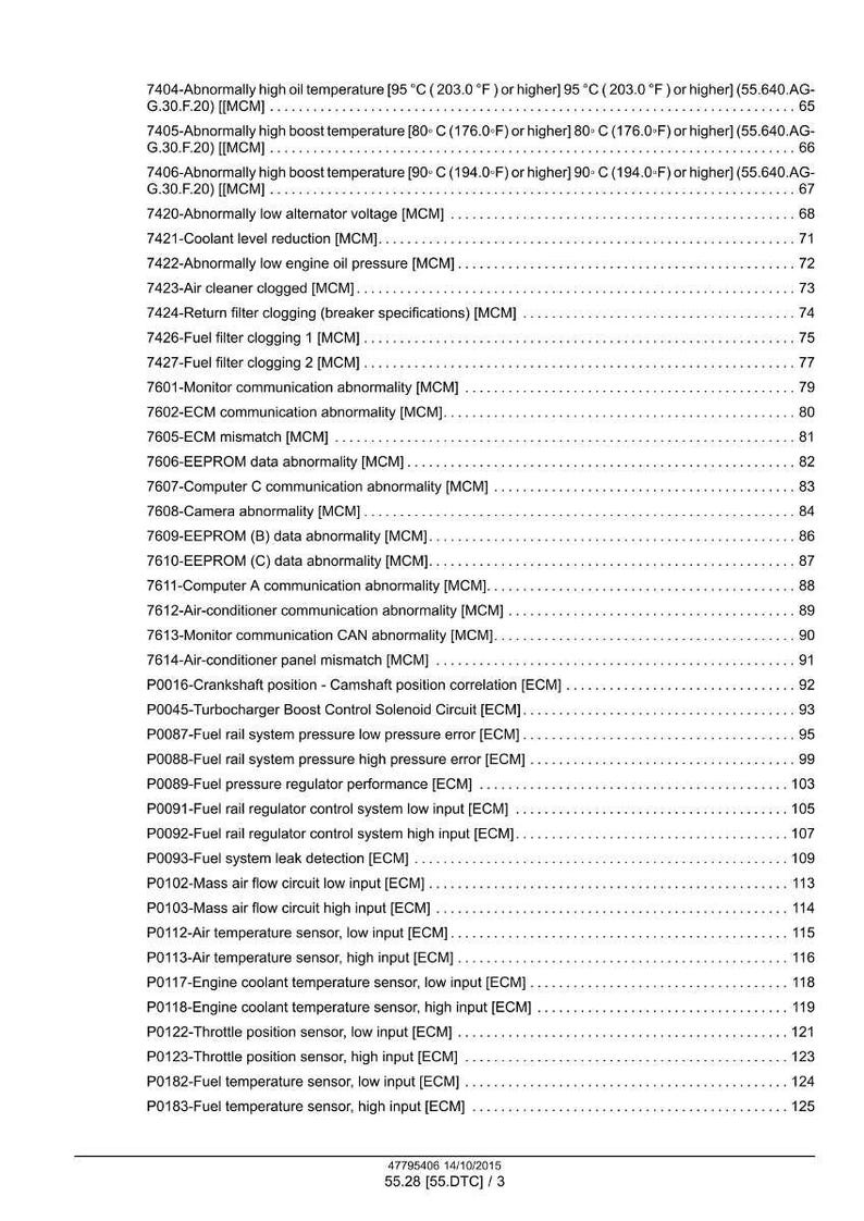 May include: A detailed page from a manual, listing various automotive diagnostic trouble codes and their descriptions. The text includes codes related to engine performance, sensors, and system malfunctions, with corresponding page numbers.