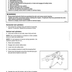May include: Diagram of a hydraulic system's reel vertical positioning system, with instructions for bleeding cylinders. The text includes safety warnings and step-by-step procedures. A detailed illustration of the system is also included.