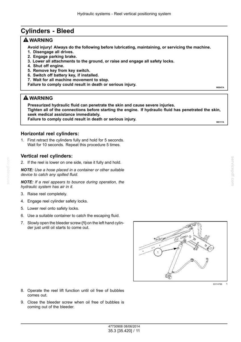 May include: Diagram of a hydraulic system's reel vertical positioning system, with instructions for bleeding cylinders. The text includes safety warnings and step-by-step procedures. A detailed illustration of the system is also included.