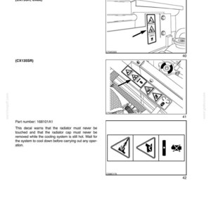 May include: Diagram showing safety decals and hand signals for a radiator. The image includes warning symbols for high temperature and potential hazards, with text indicating safety instructions. The image is from a service manual.