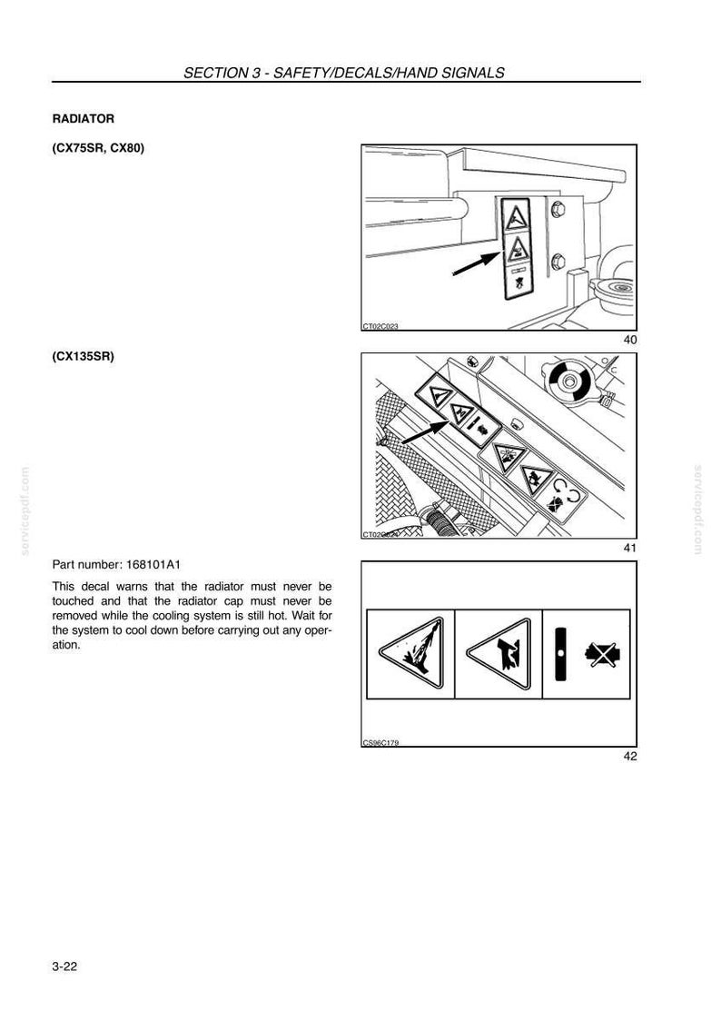 May include: Diagram showing safety decals and hand signals for a radiator. The image includes warning symbols for high temperature and potential hazards, with text indicating safety instructions. The image is from a service manual.
