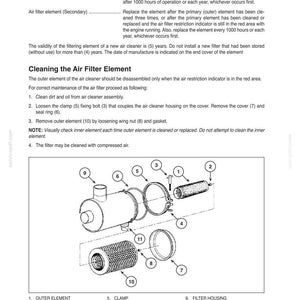 May include: Diagram of an air filter system with labeled components. Includes an outer element, nut, T-bolt, clamp, O-ring, cup, filter housing, inner element, and valve dust. Text provides service specifications and cleaning instructions.