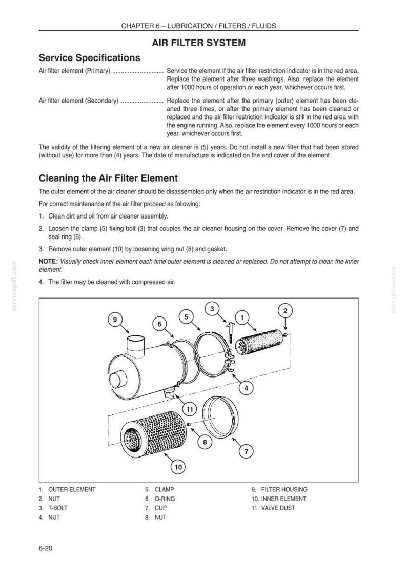 May include: Diagram of an air filter system with labeled components. Includes an outer element, nut, T-bolt, clamp, O-ring, cup, filter housing, inner element, and valve dust. Text provides service specifications and cleaning instructions.