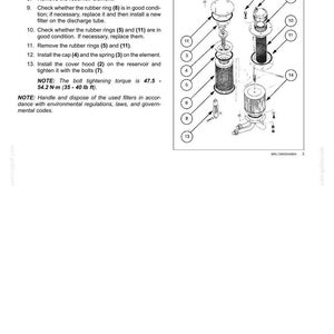 May include: An exploded diagram of a mechanical component, labeled for maintenance. The image shows various parts including a reservoir, springs, caps, rubber rings, and a filter. Text provides instructions and torque specifications.
