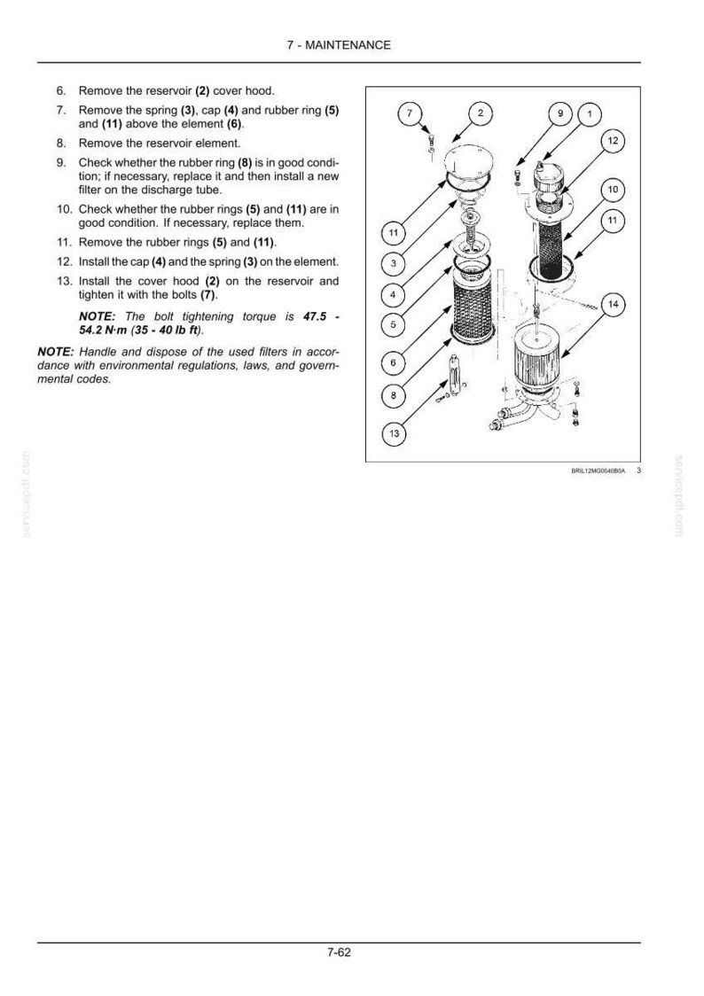 May include: An exploded diagram of a mechanical component, labeled for maintenance. The image shows various parts including a reservoir, springs, caps, rubber rings, and a filter. Text provides instructions and torque specifications.