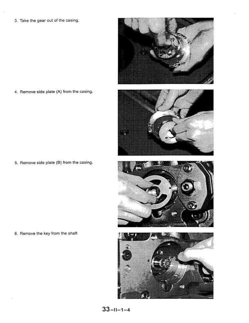 May include: A series of four black and white images demonstrating mechanical disassembly steps. The images show hands manipulating metal components, including gears and plates, with accompanying text instructions. The page number "33-II-1-4" is visible at the bottom.