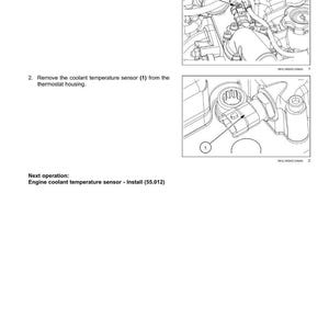 Puede incluir: Diagrama que ilustra la extracci&oacute;n de un sensor de temperatura del refrigerante del motor. La imagen muestra dos diagramas detallados con etiquetas e instrucciones. El texto incluye los pasos para desconectar y retirar el sensor.
