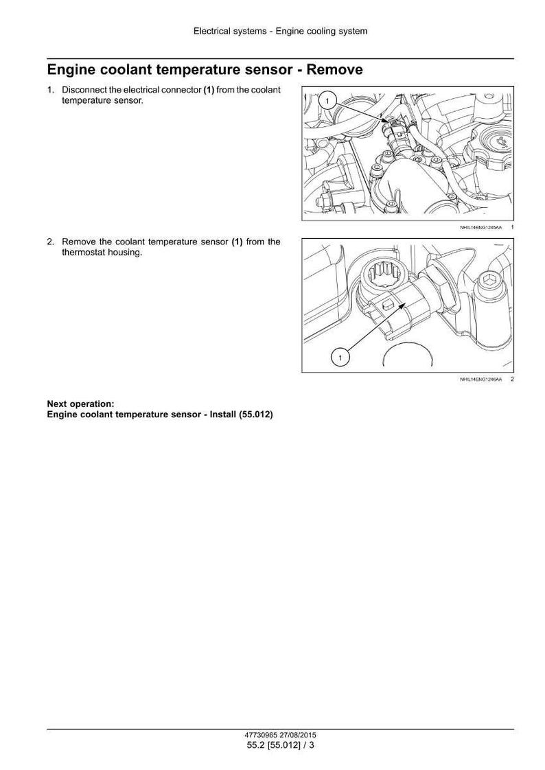 Puede incluir: Diagrama que ilustra la extracci&oacute;n de un sensor de temperatura del refrigerante del motor. La imagen muestra dos diagramas detallados con etiquetas e instrucciones. El texto incluye los pasos para desconectar y retirar el sensor.