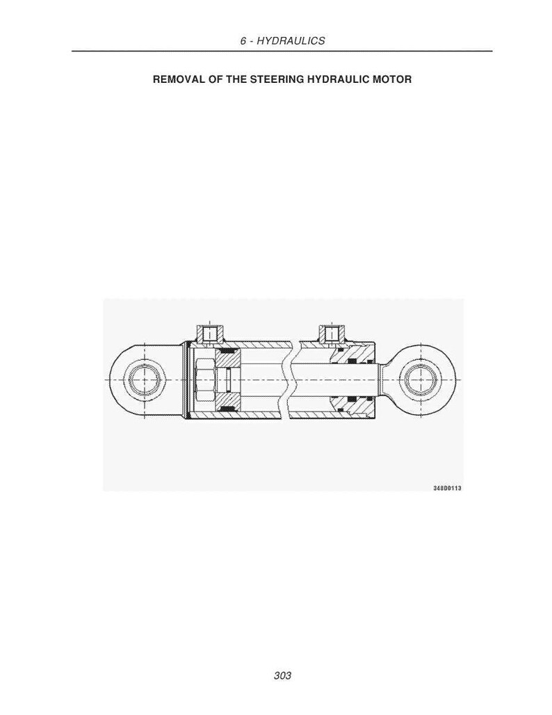 Puede incluir: Diagrama t&eacute;cnico de un motor hidr&aacute;ulico, con secciones transversales que muestran los componentes internos. El texto en la parte superior dice "6 - HYDRAULICS" y "REMOVAL OF THE STEERING HYDRAULIC MOTOR". El diagrama es en blanco y negro.
