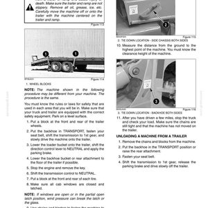 May include: Page from an operating instructions manual detailing how to transport a machine on a trailer. Includes diagrams of wheel blocks, tie-down locations, and safety warnings. Text includes instructions for loading and unloading the machine.