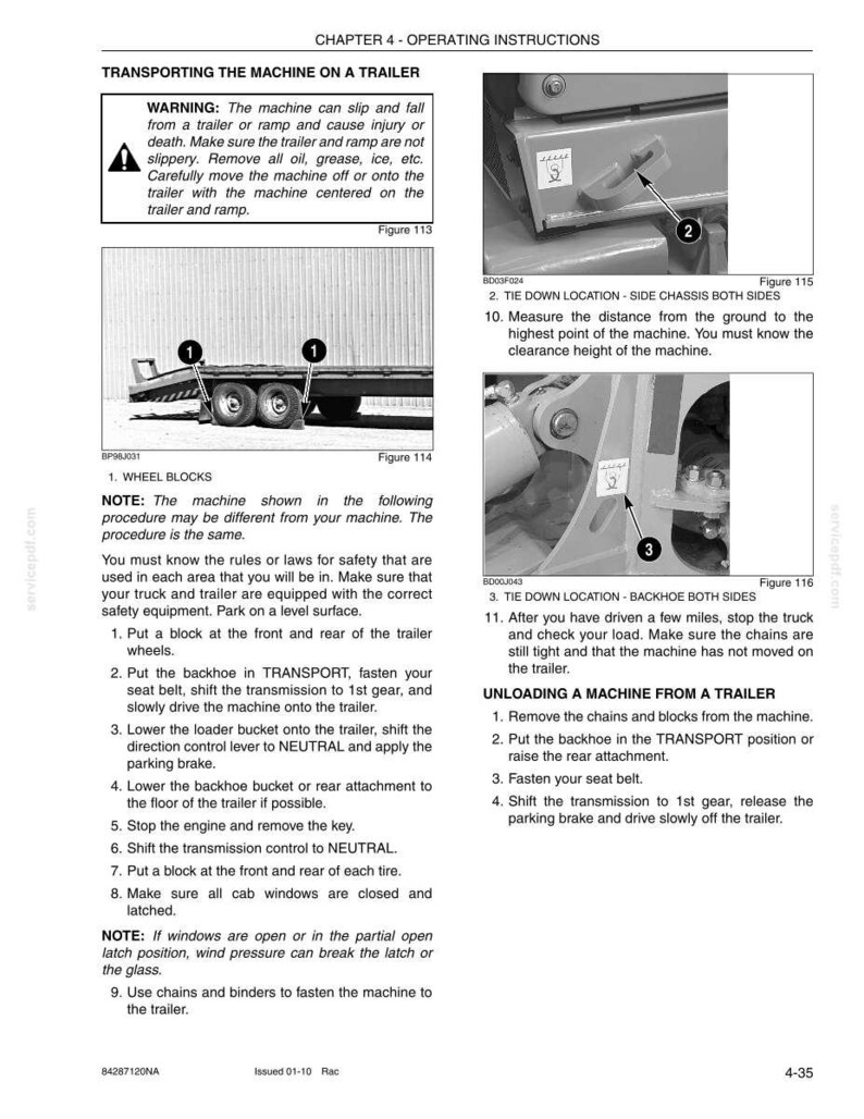 May include: Page from an operating instructions manual detailing how to transport a machine on a trailer. Includes diagrams of wheel blocks, tie-down locations, and safety warnings. Text includes instructions for loading and unloading the machine.