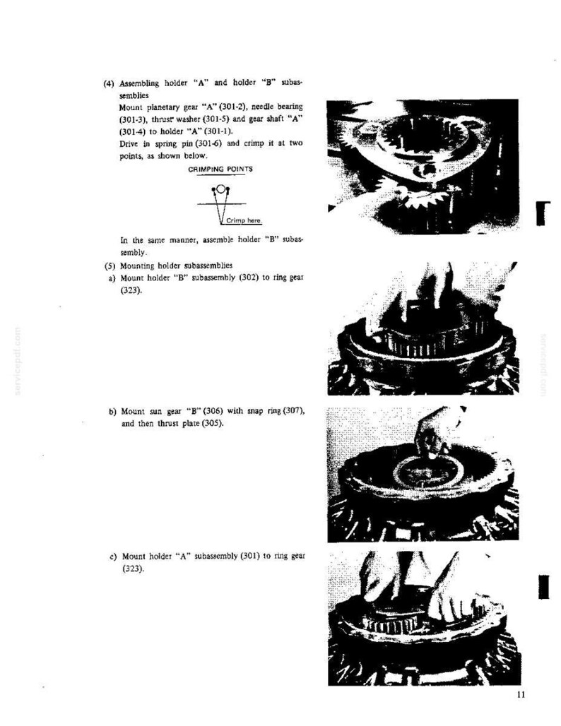 K&ouml;nnte beinhalten: Eine Seite aus einem technischen Handbuch mit schwarz-wei&szlig;en Anleitungsfotos zur Montage mechanischer Getriebekomponenten. Der Text enth&auml;lt Montageschritte f&uuml;r Halter A und B, Planetenr&auml;der, Nadellager und Hohlr&auml;der mit Diagrammen.