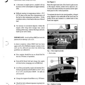 May include: A technical manual page titled LUBRICATION AND MAINTENANCE featuring text about RME fuel, engine care, and access panels. It includes two diagrams of a New Holland 7610 tractor, showing hood catches, a pre-cleaner, and an over-center latch.