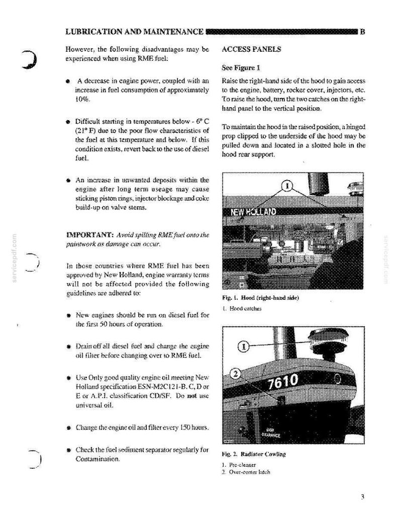 May include: A technical manual page titled LUBRICATION AND MAINTENANCE featuring text about RME fuel, engine care, and access panels. It includes two diagrams of a New Holland 7610 tractor, showing hood catches, a pre-cleaner, and an over-center latch.