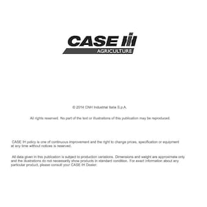 Peut inclure: Document blanc avec le logo "CASE IH AGRICULTURE" en noir et rouge. Le document comprend du texte sur les publications techniques, les informations sur le droit d'auteur et une clause de non-responsabilit&eacute; concernant les variations de produits.