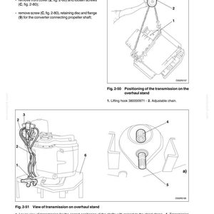 Pu&ograve; includere: Schema tecnico di revisione della trasmissione, con illustrazioni dettagliate di componenti come ganci di sollevamento, catene regolabili, tubi di collegamento del solenoide e staffe. Include testo ed etichette per chiarezza.