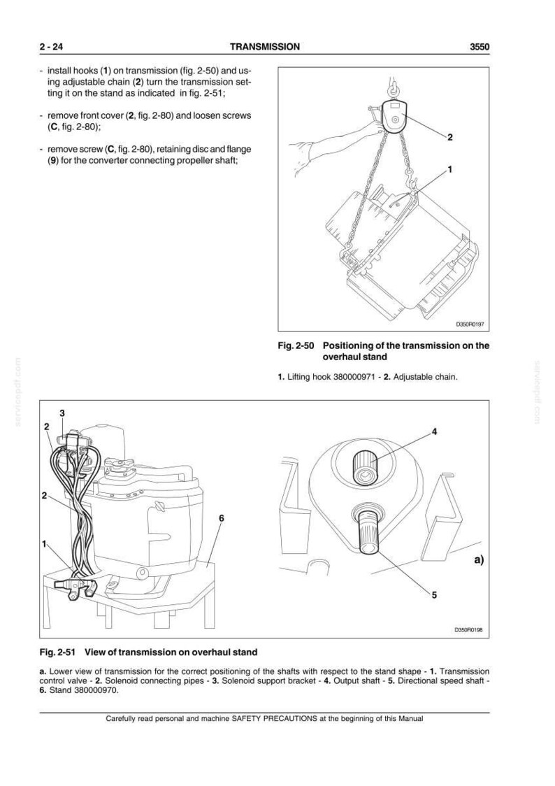 Pu&ograve; includere: Schema tecnico di revisione della trasmissione, con illustrazioni dettagliate di componenti come ganci di sollevamento, catene regolabili, tubi di collegamento del solenoide e staffe. Include testo ed etichette per chiarezza.