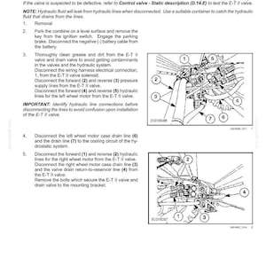 Puede incluir: Una p&aacute;gina de manual t&eacute;cnico titulada TRAVELLING - 2WD-4WD SYSTEM Hydrostatic, que detalla el procedimiento de extracci&oacute;n de una v&aacute;lvula de control. Incluye pasos numerados y dos dibujos lineales en blanco y negro de las conexiones hidr&aacute;ulicas.
