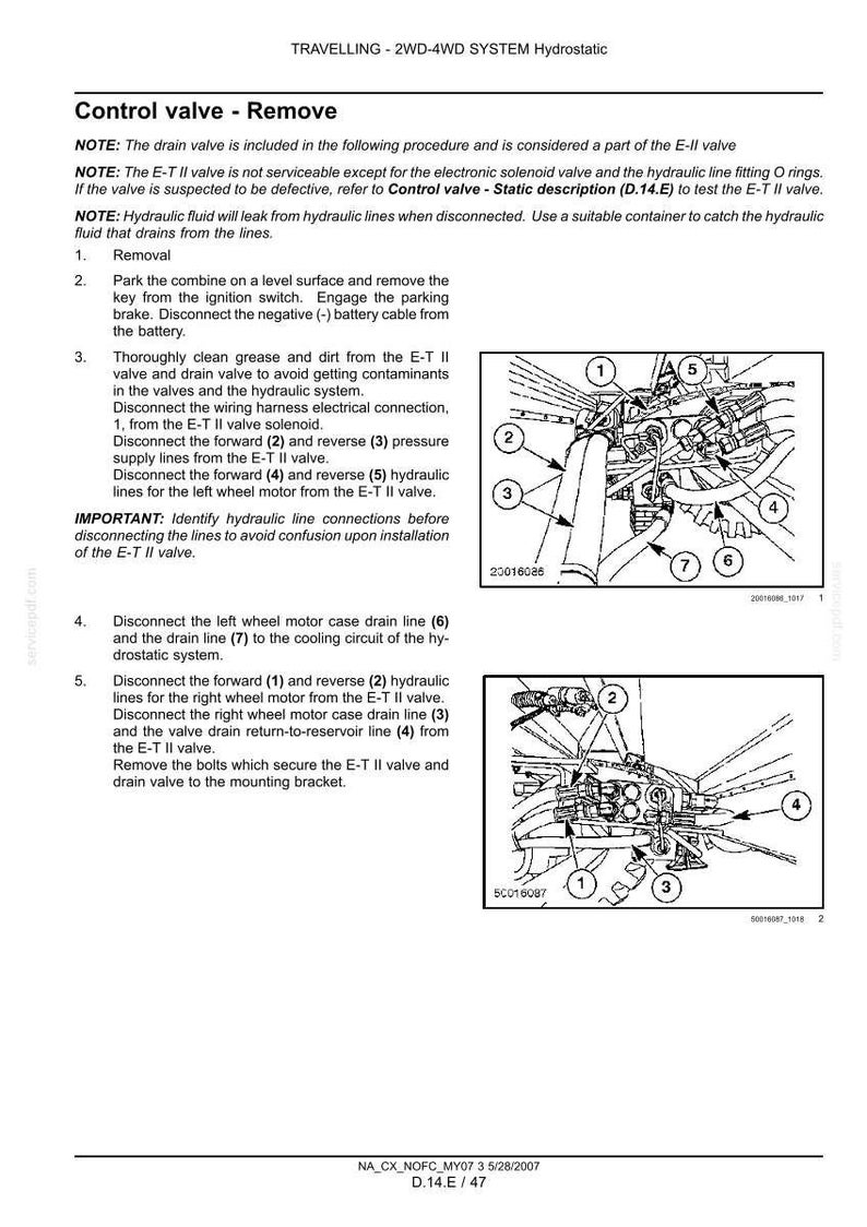 Puede incluir: Una p&aacute;gina de manual t&eacute;cnico titulada TRAVELLING - 2WD-4WD SYSTEM Hydrostatic, que detalla el procedimiento de extracci&oacute;n de una v&aacute;lvula de control. Incluye pasos numerados y dos dibujos lineales en blanco y negro de las conexiones hidr&aacute;ulicas.